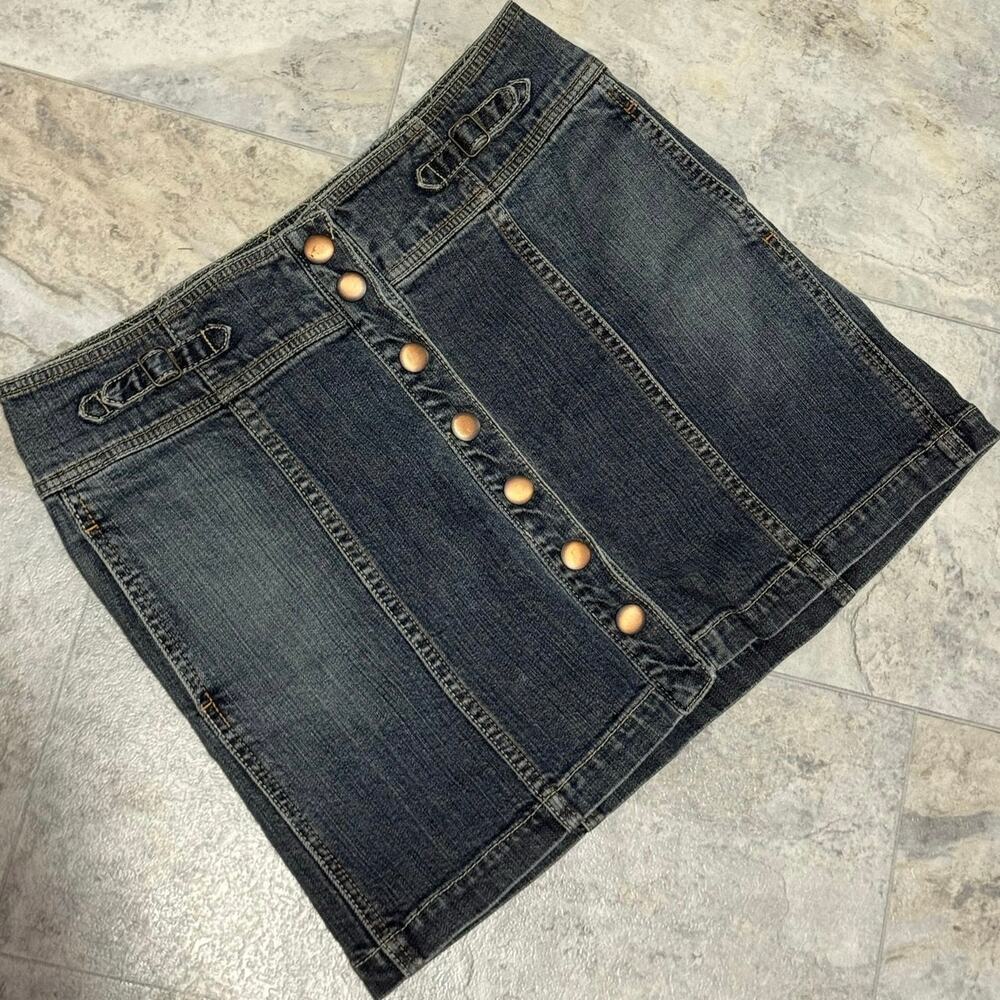 Vintage 2004 GAP Denim Mini Skirt 10 Y2K Button Front Buckle Dark Wash